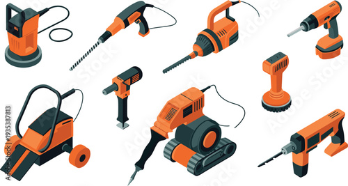 Power tools isometric vector set, construction equipment collection, drills, jackhammer, demolition machines, industrial engineering tools illustration