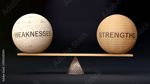 Obraz na płótnie Strengths and weaknesses in balance - balancing stones on a scale symbolizing harmony, equity and equilibrium between weaknesses and strengths