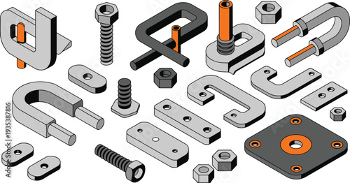 Mechanical fasteners isometric vector set, bolts nuts clamps brackets metal hardware components industrial engineering parts illustration