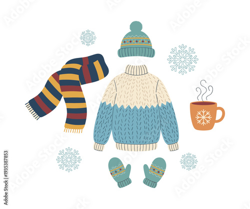 Essential winter attire paired with a steaming mug, evoking a warm and snug ambiance during the chilly season