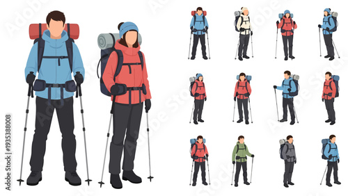 Illustrations of hikers with backpacks and trekking poles, ready for outdoor adventure and mountain exploration, Vector Illustration.