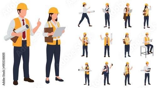 Diverse set of male and female engineers and construction workers in safety gear with blueprints, Vector Illustration.