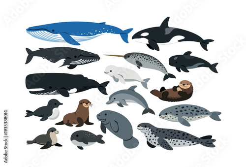 Assortment of vibrant Arctic and marine creatures, such as whales, dolphins, seals, and other aquatic animals