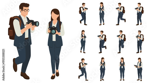 Male and Female Photographers in Various Poses Holding Cameras, Wearing Vests and Backpacks, Vector Illustration