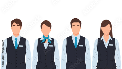 Four uniformed service professionals, two men and two women, wearing vests, shirts, and ties or scarves, standing against a white background, Vector Illustration.