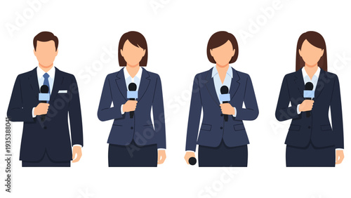 Four professional news reporters or journalists, one man and three women, holding microphones in business suits, Vector Illustration.