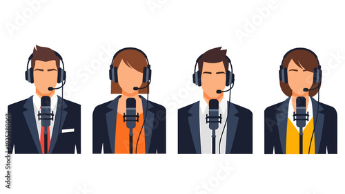 Four diverse broadcasters or podcasters with headsets and microphones in a studio setting, Vector Illustration.