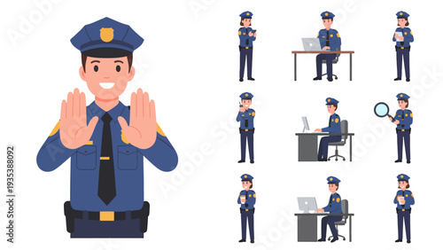 Diverse Cartoon Police Officers in Various Poses and Activities Including Male Officer Making Stop Gesture, Vector Illustration