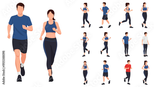 Illustrations of men and women running and jogging in various poses and athletic attire, Vector Illustration.