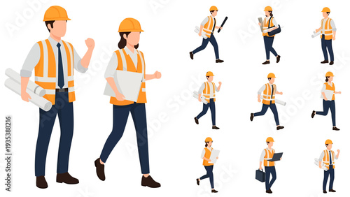 Set of diverse construction workers and engineers in various poses, carrying blueprints and tools, illustrating professional industry roles.