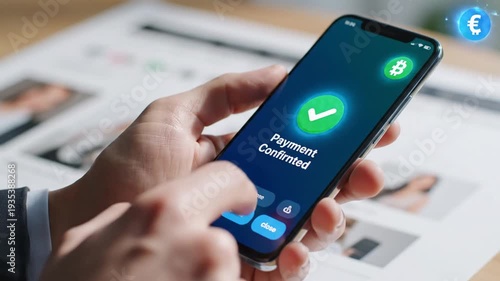 Mobile phone displaying successful payment with cryptocurrency icons