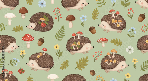 Cute Hedgehog Pattern with Mushrooms and Flowers