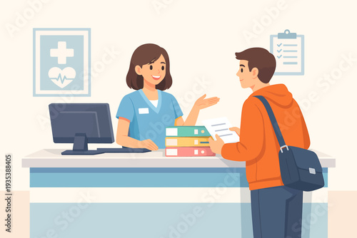 A young adult interacting with a receptionist at a healthcare desk, handing over documents in a medical office setting