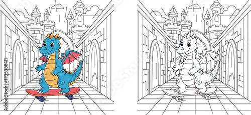 Cool Cartoon Dragon Skateboarding in Castle Alley Urban Fantasy Adventure Illustration