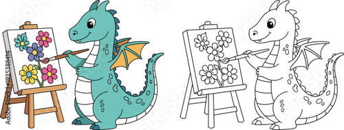 Artistic Cartoon Dragon Painting Flowers on an Easel Creative Illustration