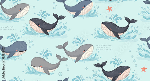 Cute Whale Pattern Seamless - Ocean Life, Sea Creatures, Aquatic Background