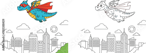 Superhero Cartoon Dragon Flying Over City Brave Fantasy Adventure Illustration