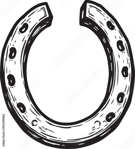 A detailed image of a horseshoe, meticulously drawn in a vintage style, embodies the concept of luck and fortune. 
