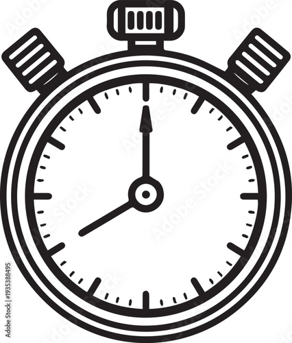 A detailed black and white illustration of a classic analog stopwatch, its hands precisely indicating the passage of time.