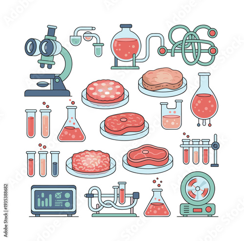 Science creating alternative protein with biotechnology, growing synthetic meat in a laboratory setting for future food technology
