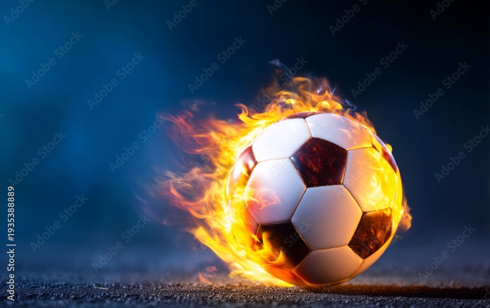 Fototapeta premium Spinning Soccer Ball with Bright Orange and Yellow Flames