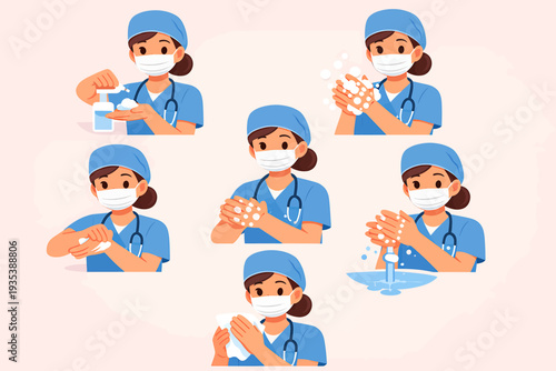 Medical professionals demonstrating proper hand hygiene techniques in a clinical setting from multiple viewpoints
