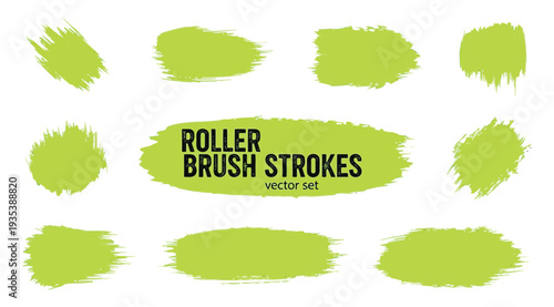 Collection of neon green roller brush strokes isolated on white background for artistic design