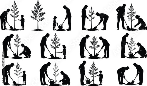 Black silhouette collage illustration of adults and children planting, watering, and caring for young tree, symbolizing environmental stewardship, family cooperation, growth, and sustainability concep