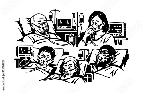 Patients of all ages hospitalized with oxygen masks, IV drips, and heart monitors, illustrating critical medical care and pandemic conditions