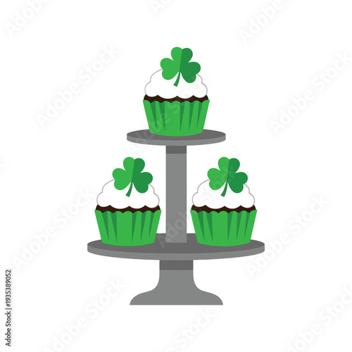 St. Patrick's Day Cupcake Vector Illustration with Shamrock Toppers on Stand