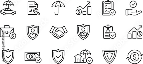 Insurance protection and financial security line icons set shield policy checklist investment umbrella safety vector outline symbols