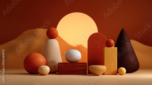 Assortment of geometric shapes creates a minimalist, warm-toned desert landscape backdrop