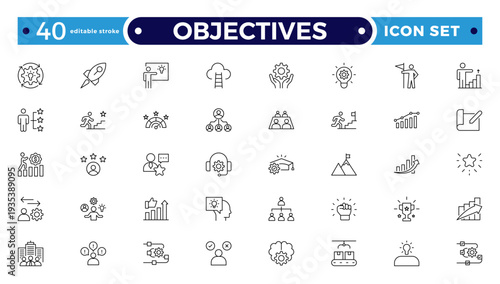 Objectives outline icon. Business core values, mission and vision line icon set. Corporate strategy, integrity, company culture, ethics, quality and success outline icon. Editable stroke outline icon.