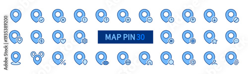 Map pin icons set. Location, marker sign. Navigation, pointer symbol. Blue solid icon collection. Flat design. Isolated on a white background. Editable stroke. For apps, website, business, infographic