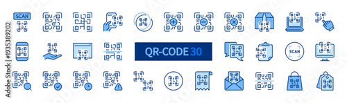 QR-code icons set. Scan, scanning sign. Identifier symbol. Blue solid icon collection. Flat vector design. Editable stroke. For apps, website, business, infographic, etc.