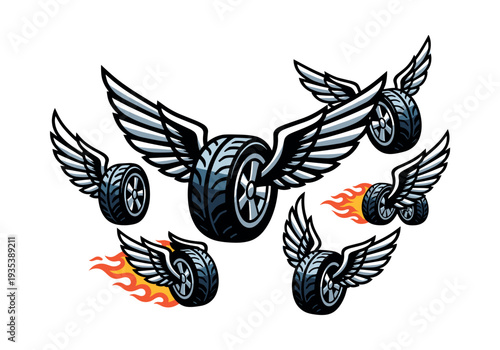 Set of winged car tires with some showing fire trails, representing fast delivery, speed, racing, and automotive performance