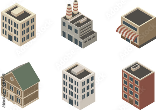 Isometric city buildings collection including apartment block house shop and factory structures urban architecture vector illustration set