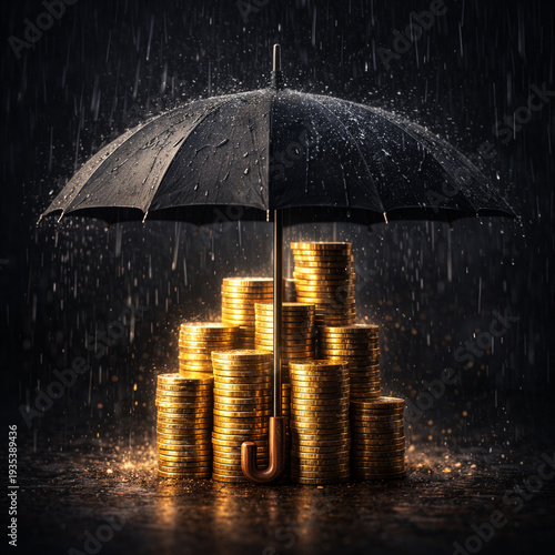 Naklejka 積み上がった硬貨を雨から守る傘、リスクマネジメントと保険のイメージ、正方形イラスト