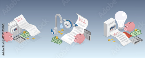 Utility bills payment set. Payment for cold water, heating invoice, energy. Utility bills and saving resources concept.3d flat Isometric vector illustrations.