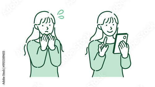 Young woman worried about mobile phone and happy smiling girl touching smartphone screen after solving digital problem vector illustration set