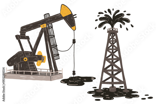 Oil pump and derrick set in childlike hand drawn industrial style