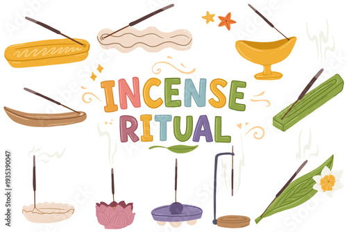 Incense stick set with burners and holders for meditation in childlike hand drawn style