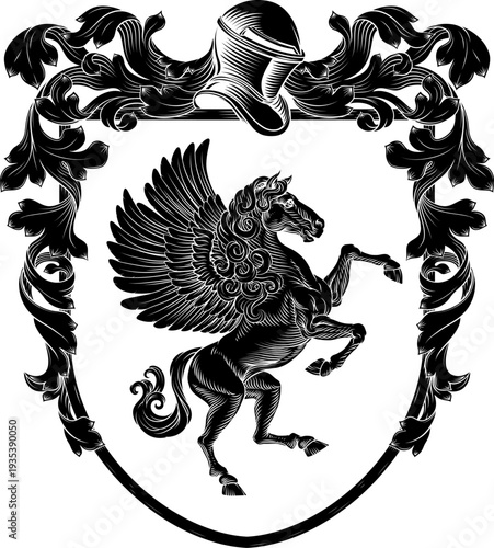 A Pegasus coat of arms or crest family heraldry medieval heraldic knight shield with helmet and acanthus filigree scroll ornament in a vintage woodcut style.