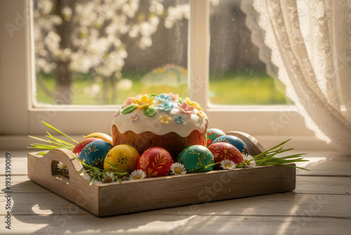 traditional easter cake with white icing and sugar flowers surrounded by colorful decorated eggs in wooden tray by sunny window, festive spring holiday still life 