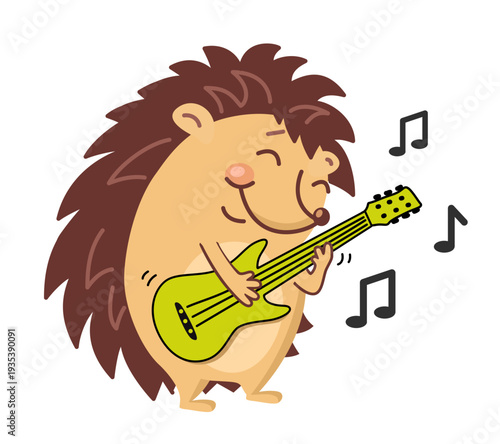 The hedgehog himself plays the guitar. music on a white background. allows you to listen and download songs. Vector illustration