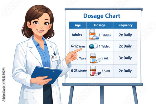 A female doctor explains a detailed dosage chart on a whiteboard to patients in a medical setting