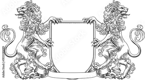 Lions coat of arms or crest family heraldry medieval heraldic knight shield with helmet and acanthus filigree scroll ornament in a vintage woodcut style.