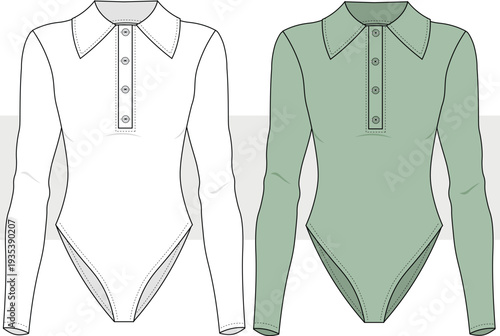 Polo Neck Bodysuit technical fashion drawing, illustration. Bodysuit flat sketch template, long sleeve, slim fit, front view, CAD mockup set.