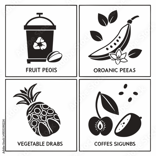 Four illustrations of organic waste including a trash can