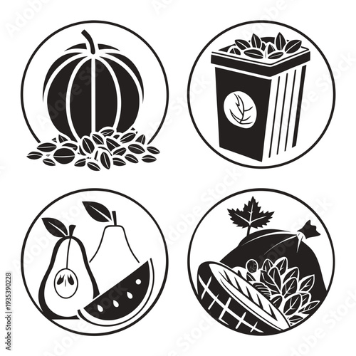 Four icons of fruits and a compost bin